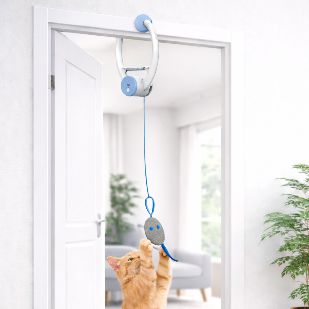 Cat playing with a toy on a string in a bright room.