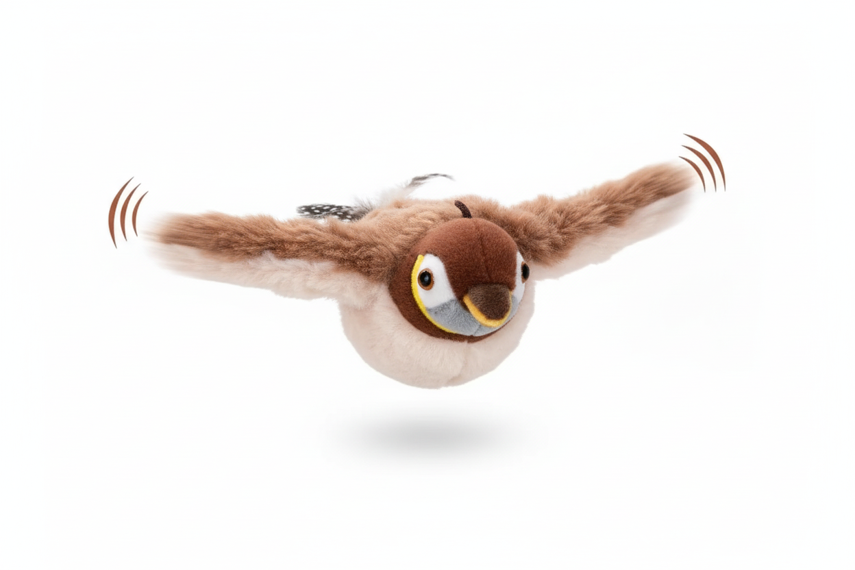 Cat playing with a bird-shaped toy labeled 'Flaps and Chirps' on a light background.