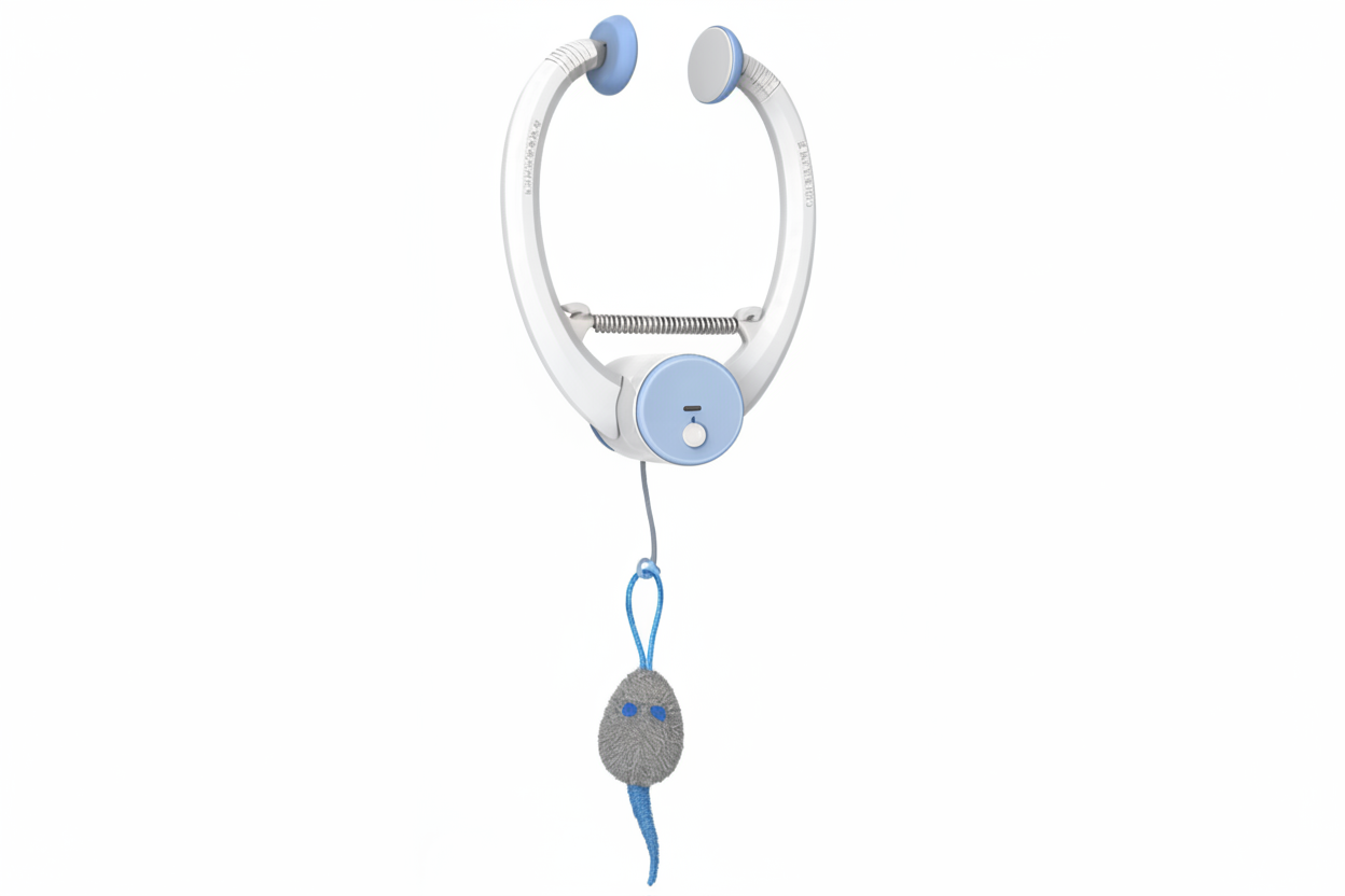 White stethoscope with blue accents on a white background